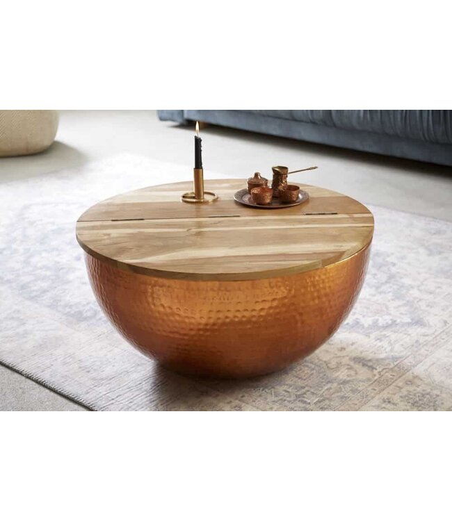 Invicta Interior Ronde salontafel ORIENT STORAGE 60cm koper gehamerd handgemaakt acaciahout met opbergruimte - 39253