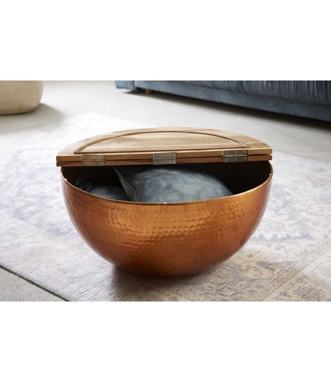 Invicta Interior Ronde salontafel ORIENT STORAGE 60cm koper gehamerd handgemaakt acaciahout met opbergruimte - 39253