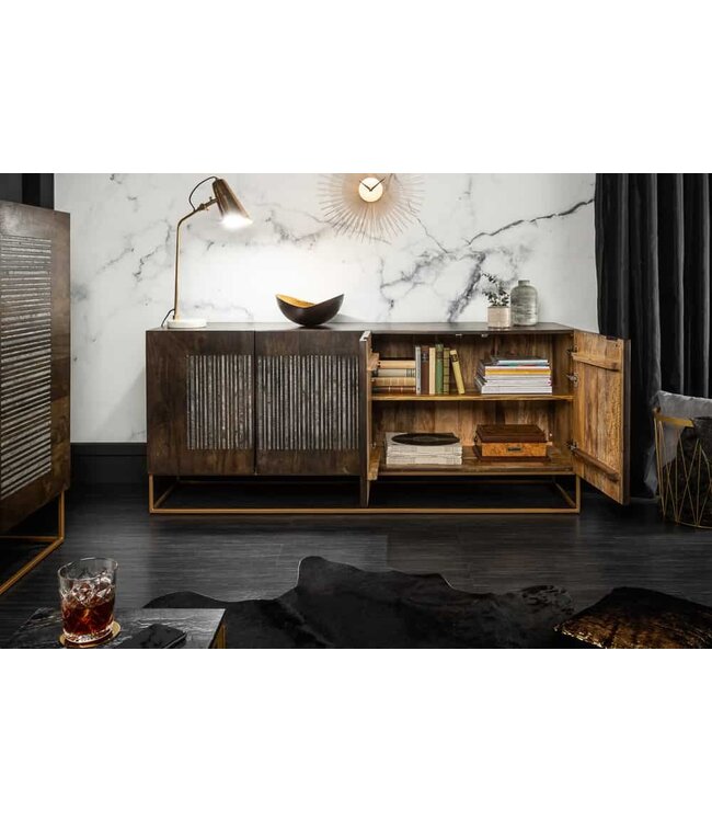 Invicta Interior Massief dressoir ONYX 180 cm donkerbruin mangohout edelsteen agaat goud metalen frame - 39229