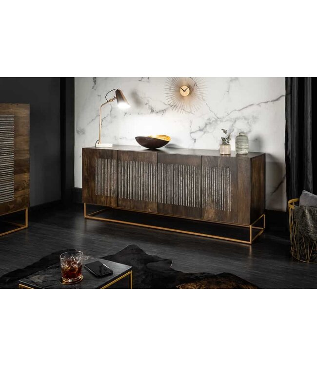 Invicta Interior Massief dressoir ONYX 180 cm donkerbruin mangohout edelsteen agaat goud metalen frame - 39229