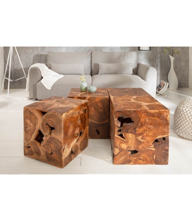 Invicta Interior Massieve bijzettafel SQUARE 40cm teakhouten kubuskruk - 39226