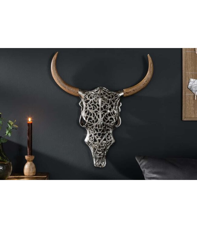 Invicta Interior Extravagante wanddecoratie EXOTIC BULL 57cm zilveren mangohouten stierenkop - 39091