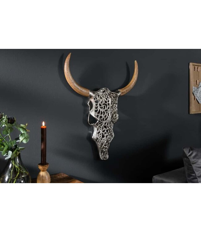 Invicta Interior Extravagante wanddecoratie EXOTIC BULL 57cm zilveren mangohouten stierenkop - 39091