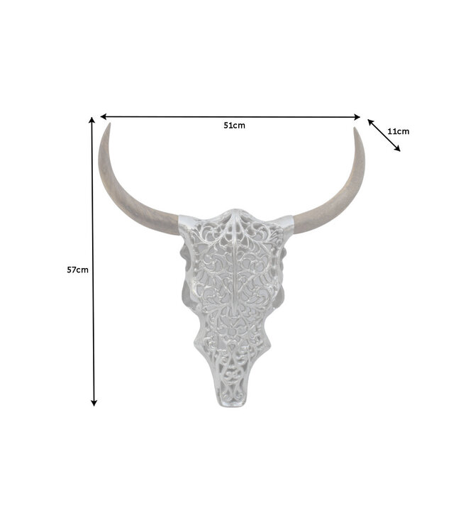 Invicta Interior Extravagante wanddecoratie EXOTIC BULL 57cm zilveren mangohouten stierenkop - 39091