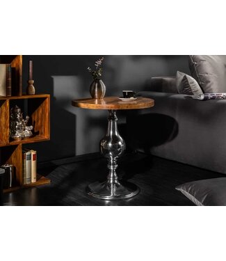 Invicta Interior Design bijzettafel EXTRAVAGANCIA 50cm massief mangohout ronde metalen kolomvoet zilver - 39090