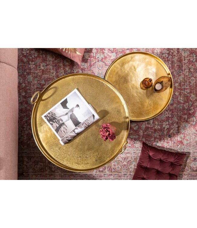 Invicta Interior Set van 2 ronde salontafels ELEMENTS 65cm goud zwart metalen dienblad tafel bijzettafel - 39088