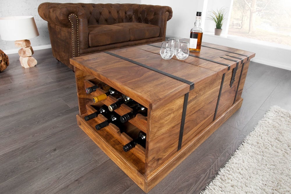 Massief houten salontafel BODEGA 100 cm Sheesham steenafwerking barkast voor thuis - 39060