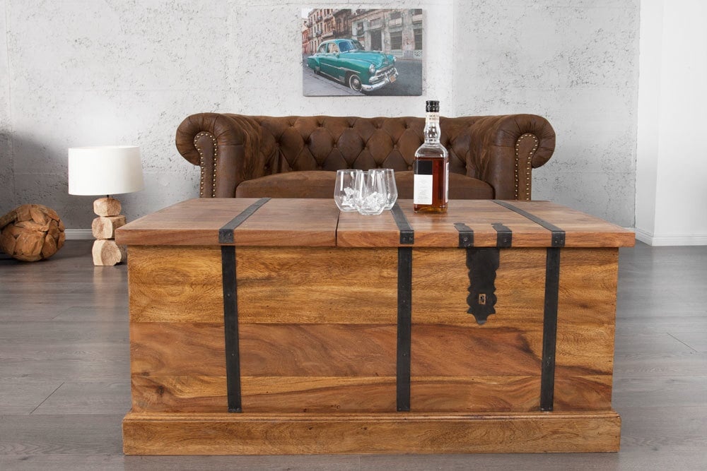 Massief houten salontafel BODEGA 100 cm Sheesham steenafwerking barkast ...