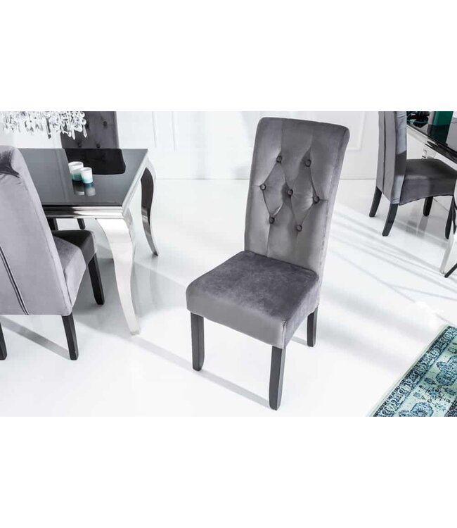 Invicta Interior Design stoel CASA grijs fluweel met decoratieve knopen massief houten poten - 38979