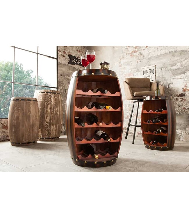 Invicta Interior Massief wijnrek BODEGA 80cm koffiebruin grenen vat bartafel voor 23 flessen - 38961