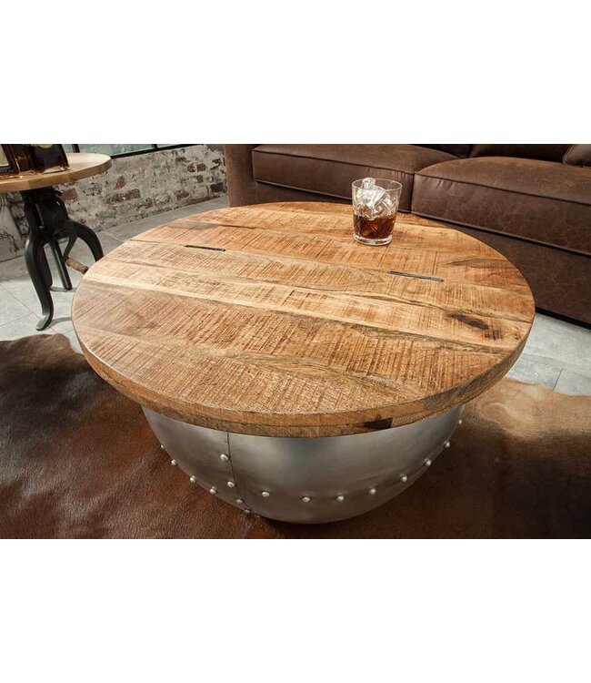 Invicta Interior Ronde salontafel DRUMP STORAGE 70cm natuurlijk zilver mangohout met opbergruimte handgemaakt Industrieel - 38949