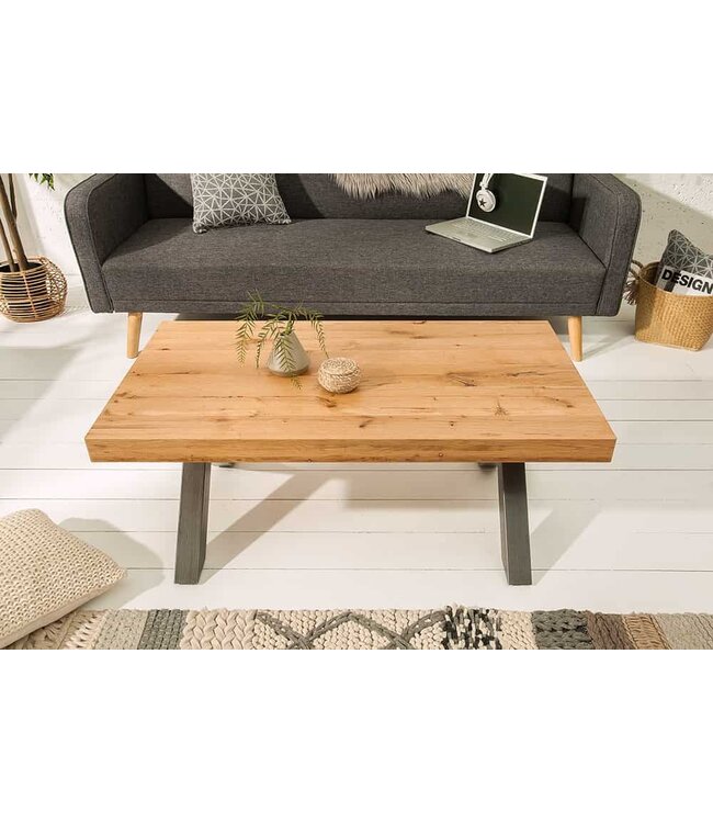 Invicta Interior Massief houten salontafel THOR 110cm wild eiken geolied X-frame metaal antraciet industrieel design - 38808