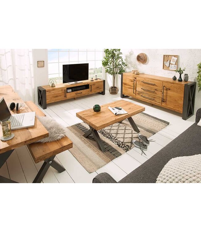 Invicta Interior Massief houten salontafel THOR 110cm wild eiken geolied X-frame metaal antraciet industrieel design - 38808