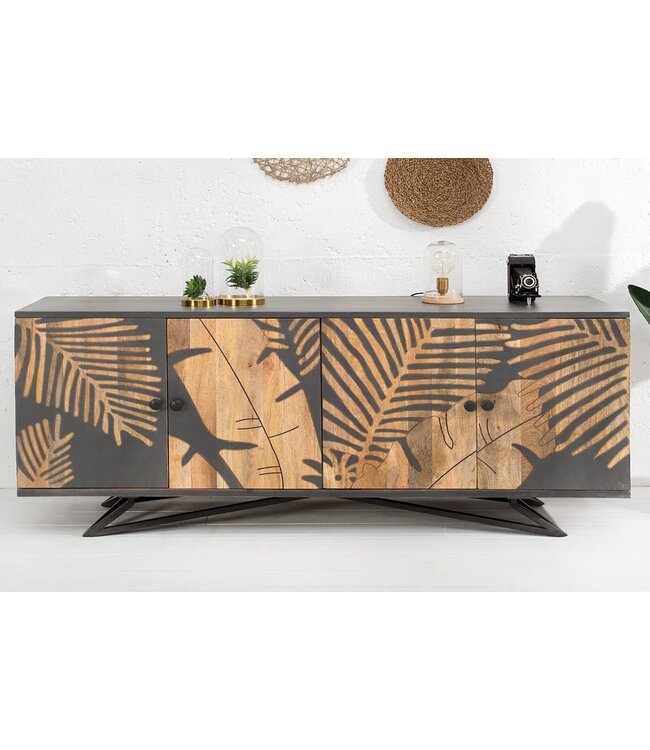 Invicta Interior Massives Dressoir TROPICAL 160cm grijs Mangoholz bloemen Design Boho metalen frame - 38728