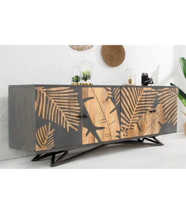 Invicta Interior Massives Dressoir TROPICAL 160cm grijs Mangoholz bloemen Design Boho metalen frame - 38728