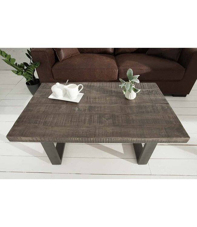 Invicta Interior Design salontafel IRON CRAFT 100cm mangohout grijs industrieel design massief ijzeren sledeframe - 38661