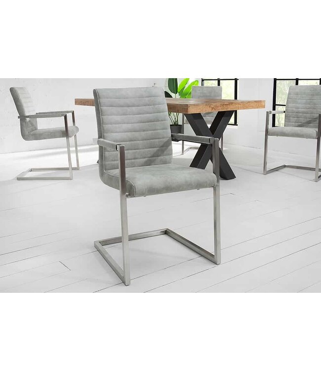 Invicta Interior industrieele sledestoel LOFT steengrijs met armleuning RVS frame - 38497