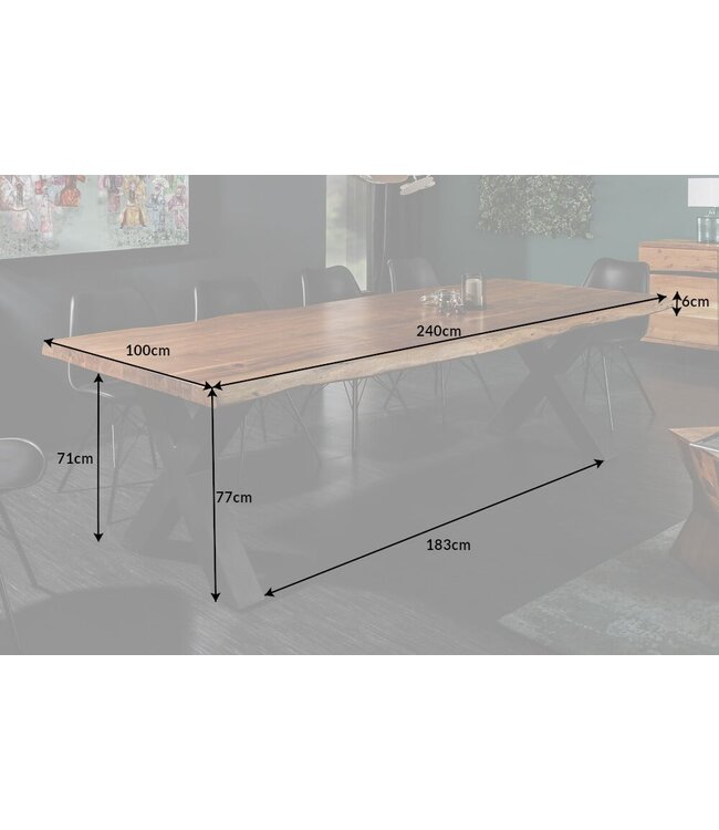 Invicta Interior Massief houten eettafel MAMMUT NATURE 240cm acaciaboom rand X-frame 6cm tafelblad - 38350