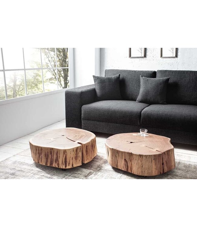 Invicta Interior Boomstam salontafel GOA 60cm naturel acacia massief hout rond met wielen uniek - 36793