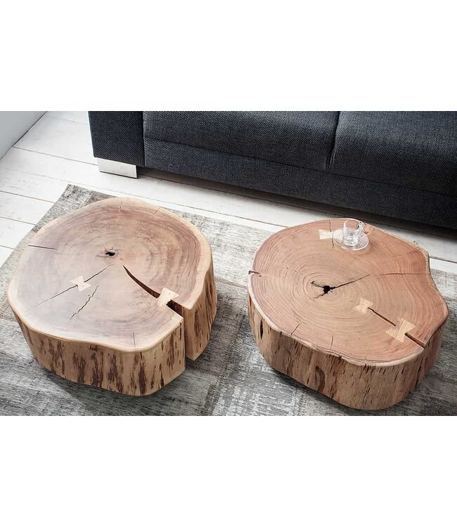 Invicta Interior Boomstam salontafel GOA 60cm naturel acacia massief hout rond met wielen uniek - 36793