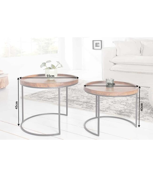 Invicta Interior Set van 2 bijzettafels ELEMENTS 55cm massief acaciahout steenafwerking rond metalen frame zwart - 36743