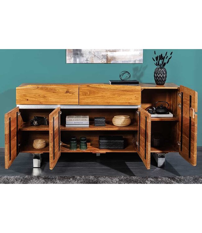 Invicta Interior Massief boomstamdressoir MAMMUT 170cm acacia sledeonderstel van roestvrij staal - 36555