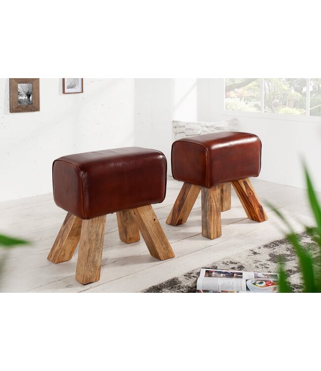 Invicta Interior Retro TURNBOCK kruk 40cm met echt lederen bekleding mangohouten kruk - 36268