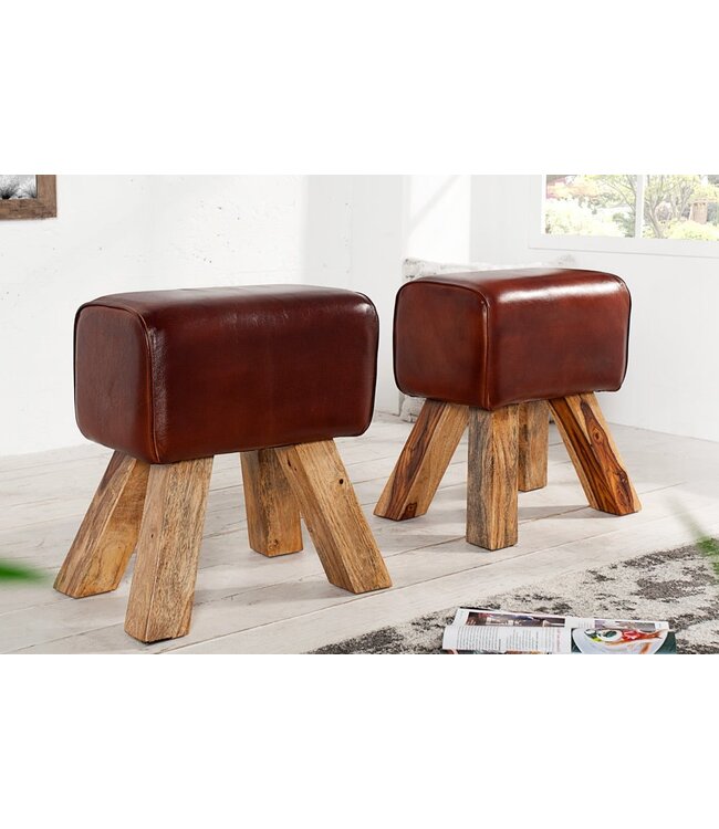 Invicta Interior Retro TURNBOCK kruk 40cm met echt lederen bekleding mangohouten kruk - 36268