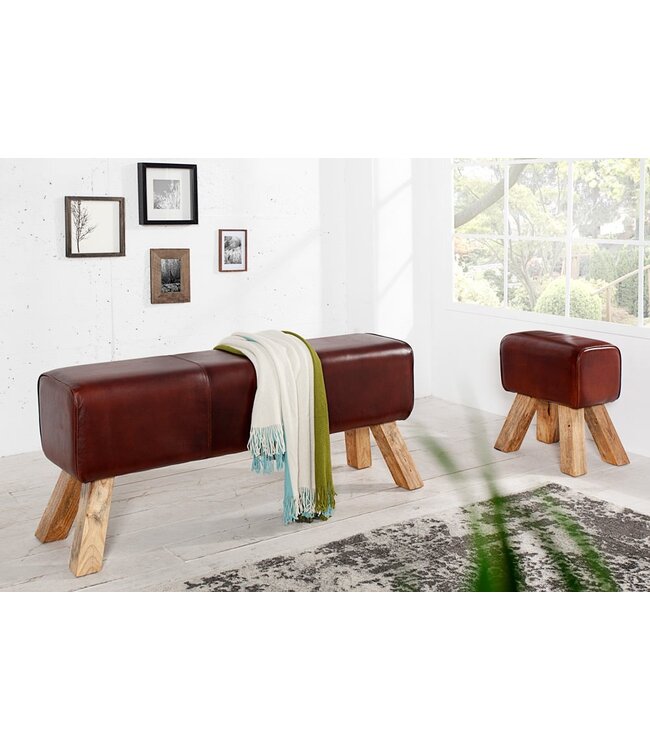 Invicta Interior Retro TURNBOCK kruk 40cm met echt lederen bekleding mangohouten kruk - 36268