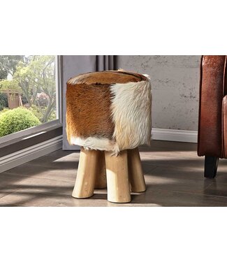 Invicta Interior Design kruk HIDE 45cm bruin wit met geitenleer en teak - 35441
