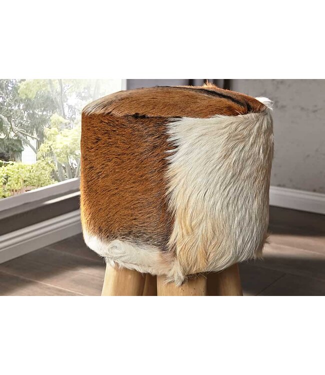 Invicta Interior Design kruk HIDE 45cm bruin wit met geitenleer en teak - 35441