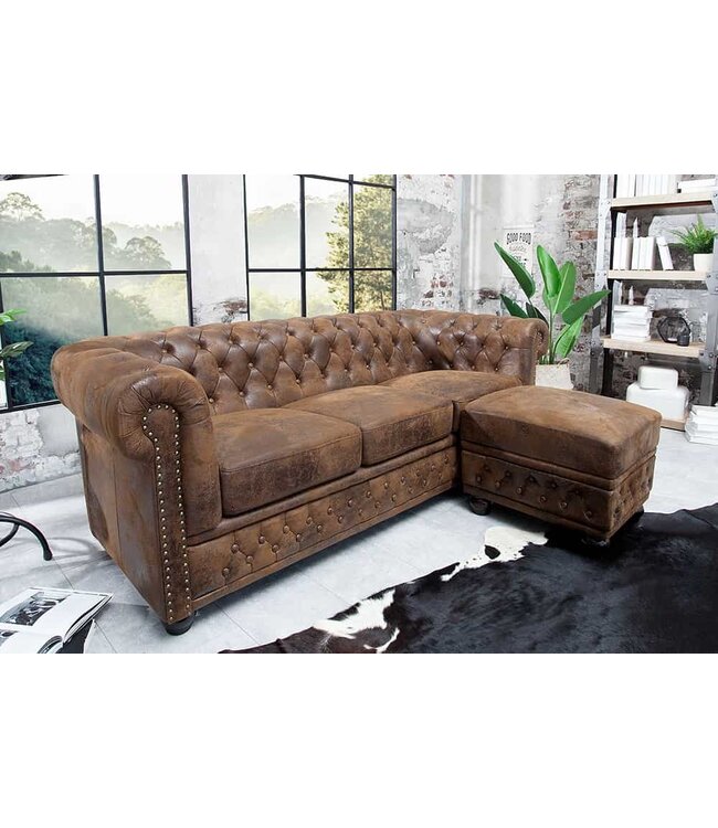 Invicta Interior Chesterfield 3-zitsbank 205cm antiekbruin met knoopstiksel en veerkern - 17382