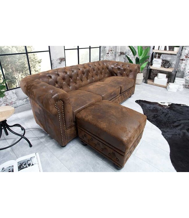 Invicta Interior Chesterfield 3-zitsbank 205cm antiekbruin met knoopstiksel en veerkern - 17382