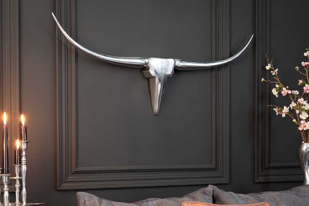 Modern design wanddecoratie BULL L 100cm zilver aluminium stierenkop - 8913