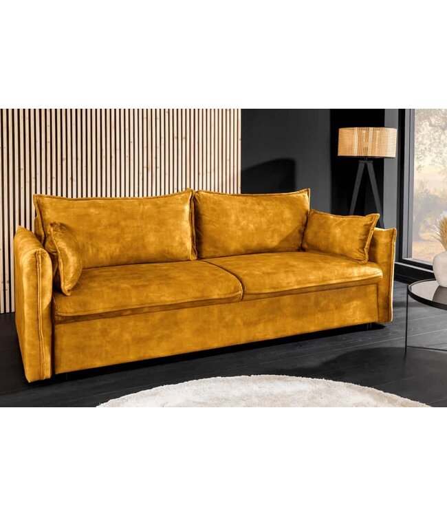 Invicta Interior Design slaapbank APARTMENT 215cm mosterdgeel fluweel 3-zitsbank incl. bedopbergruimte - 47134