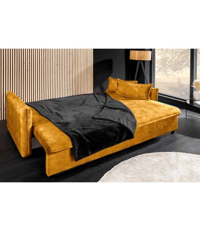 Invicta Interior Design slaapbank APARTMENT 215cm mosterdgeel fluweel 3-zitsbank incl. bedopbergruimte - 47134