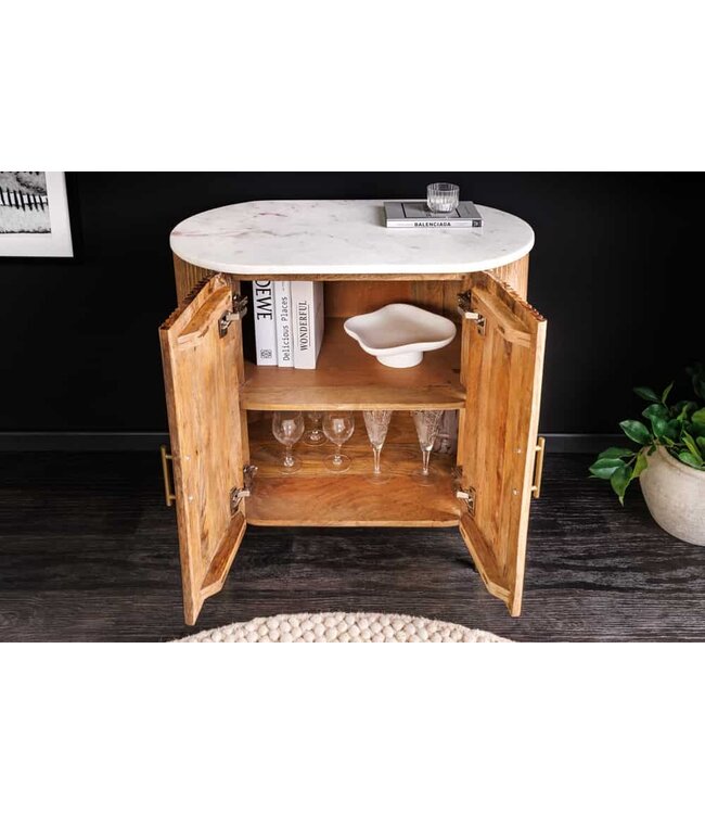 Invicta Interior Dressoir TRES CHIC 70cm mangohout naturel met wit marmeren blad en gouden handgrepen - 45754