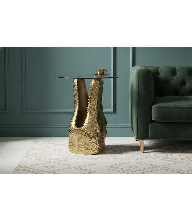Invicta Interior Bijzettafel WILDLIFE CROCODILE 50 cm rond, salontafel van gehard glas, goudkleurig - 46986