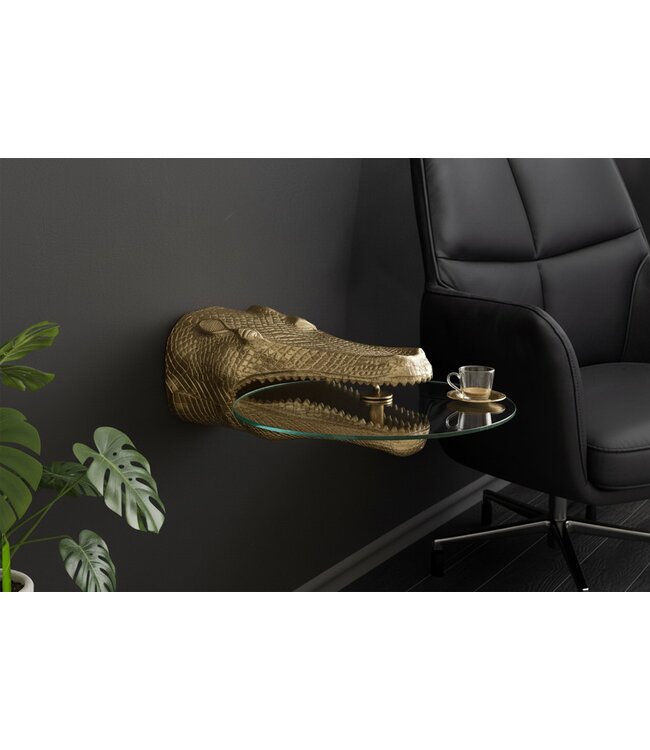 Invicta Interior Bijzettafel WILDLIFE CROCODILE 75 cm hangende salontafel ovaal gehard glas goud - 46434
