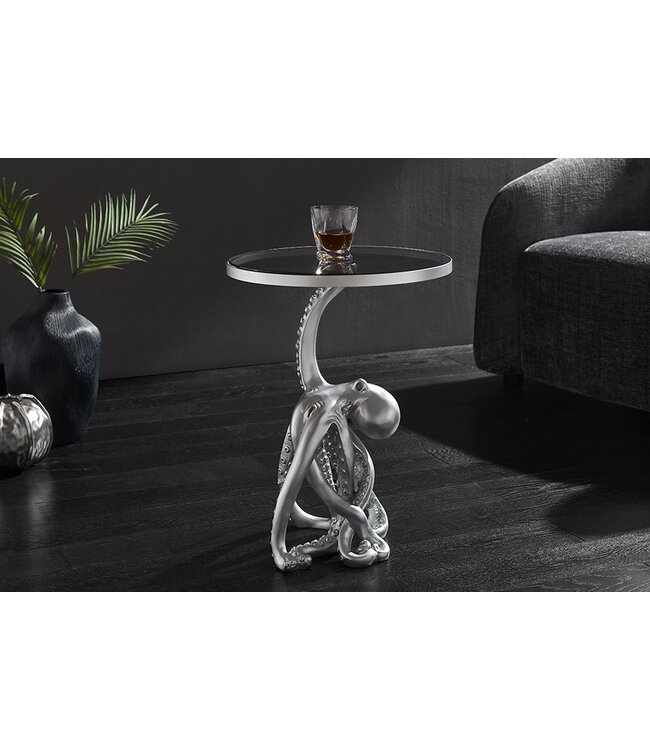Invicta Interior Bijzettafel WILDLIFE OCTOPUS 55 cm zilverkleurig verlicht glazen blad met LED-strips - 44566