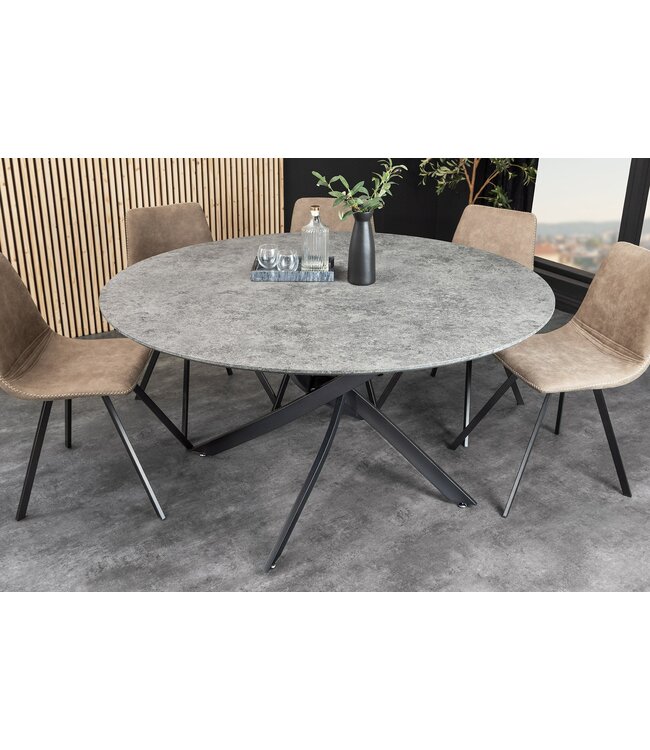 Invicta Interior Eettafel HELIX 120 cm rond, grijze steenlook met zwart metalen frame - 47068