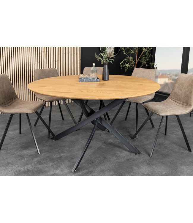 Invicta Interior Eettafel HELIX 120 cm rond, natuurlijke eikenhoutlook met zwart metalen frame - 47067