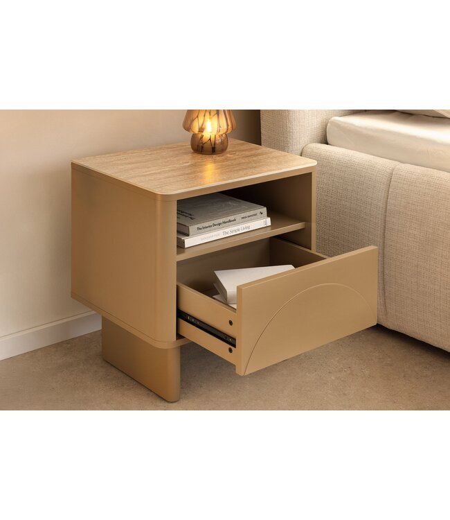 Invicta Interior Nachtkastje SAVOY 50 cm 3D naturel met travertijnmarmeren keramisch blad - 47802