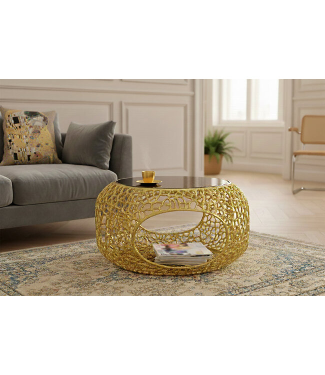 Invicta Interior Salontafel SPIN 75 cm, gehard zwart glazen onderstel, goudkleurig - 46985