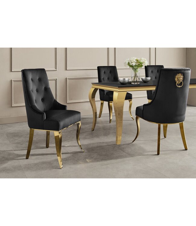 Invicta Interior Stoel MODERN BAROCK met leeuwenkopgreep, roestvrijstalen poten, goudkleurig fluweel, zwart - 47492