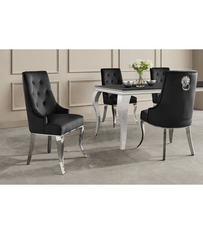 Invicta Interior Stoel MODERN BAROCK met leeuwenkopgreep, roestvrijstalen poten, zilverkleurig fluweel, zwart - 47491