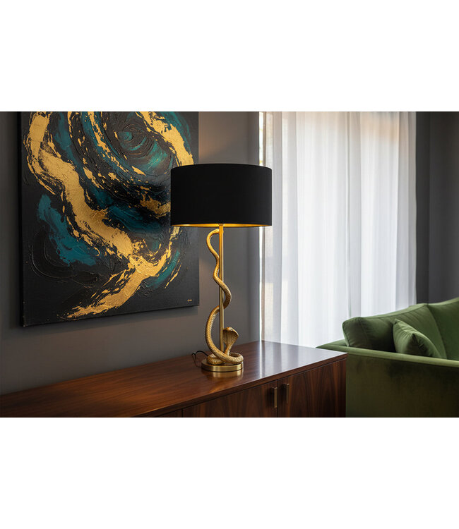 Invicta Interior Tafellamp COBRA 110 cm, zwarte lampenkap, gouden frame - 45744