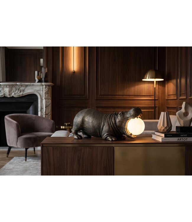 Invicta Interior Tafellamp HIPPO 45 cm nijlpaardsculptuur met zwarte lampenkap - 48053