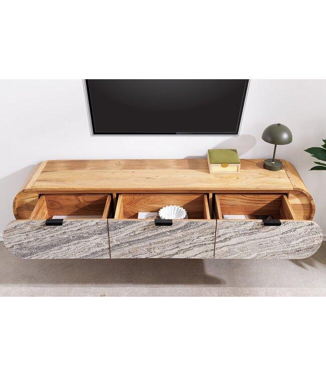 Invicta Interior TV-Board ORGANIC 160cm hangend acaciahout naturel met steenlook voorkant - 47757