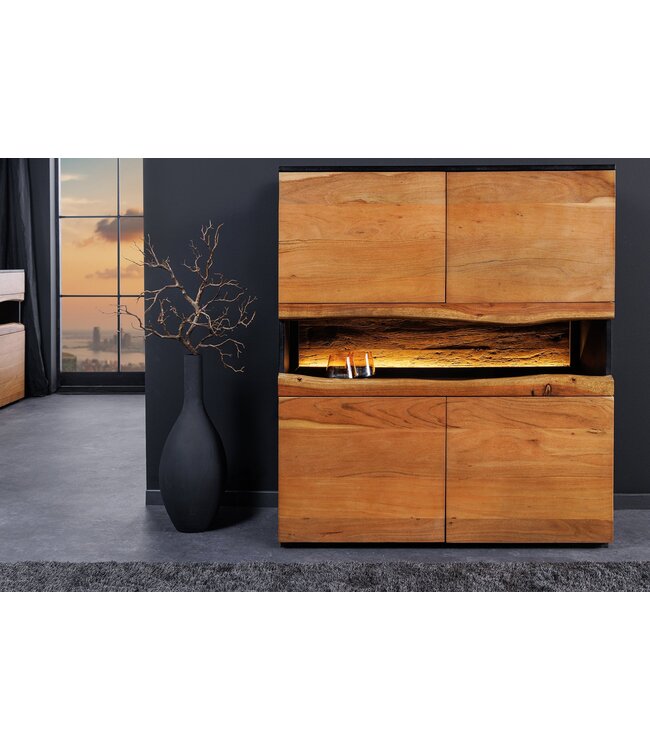Invicta Interior Highboard GRAND ACACIA 120 cm, acaciahout met natuurlijke rand en LED-verlichting - 44096